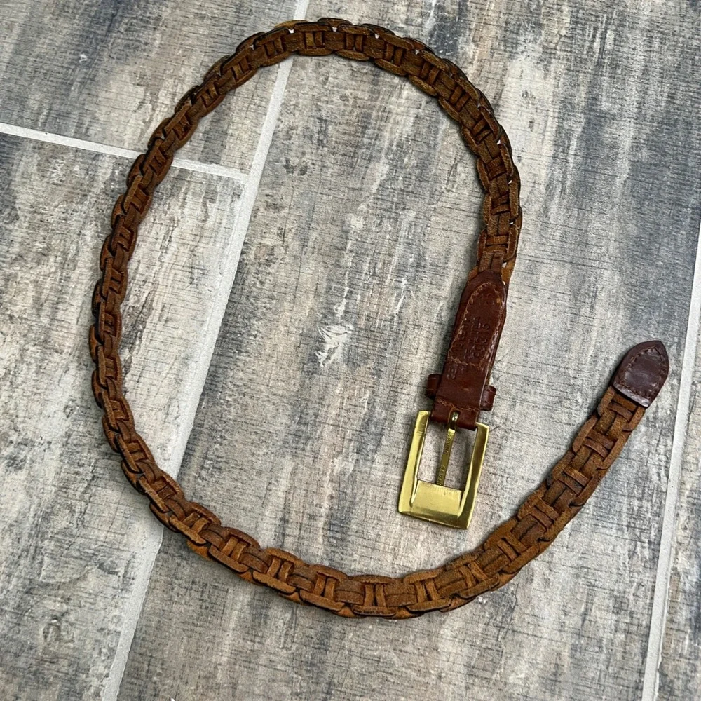 Woven Brown Genuine Leather‎ Belt with Brass Buckle Size S 36 Inch Made in India